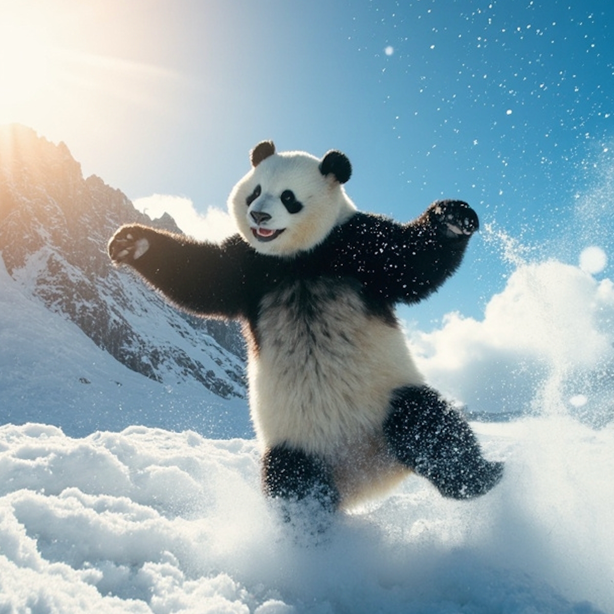 熊猫在雪山顶上跳舞