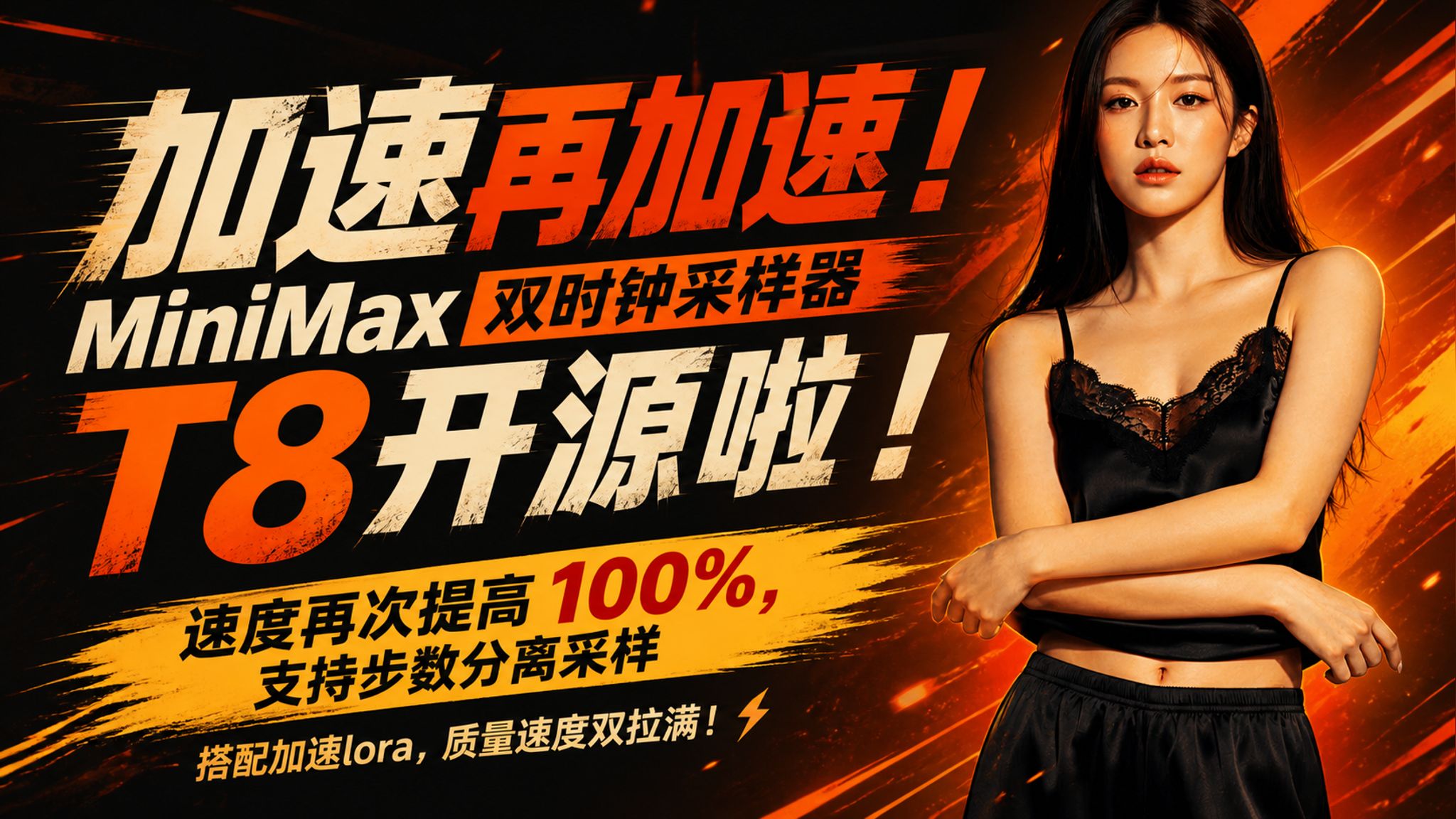 加速再加速！MiniMax H3双时钟采样器T8开源啦！速度再次提高100%，支持步数分离采样，搭配加速lora，质量速度双拉满！-comfyui教程