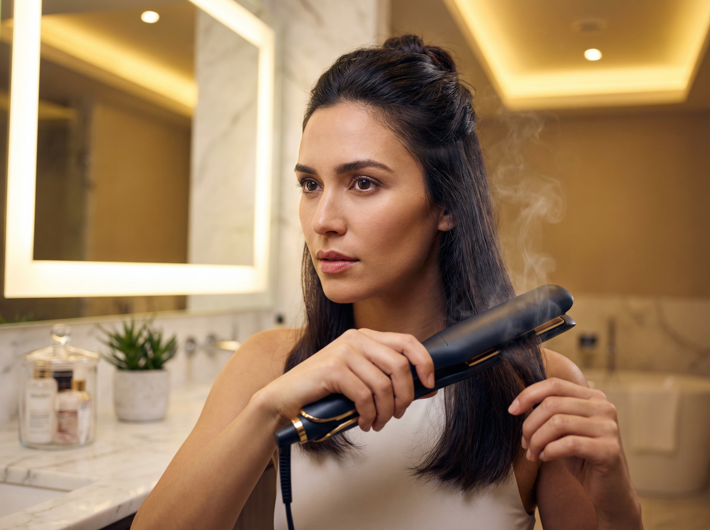 Woman using ceramic hair straightener for silky results