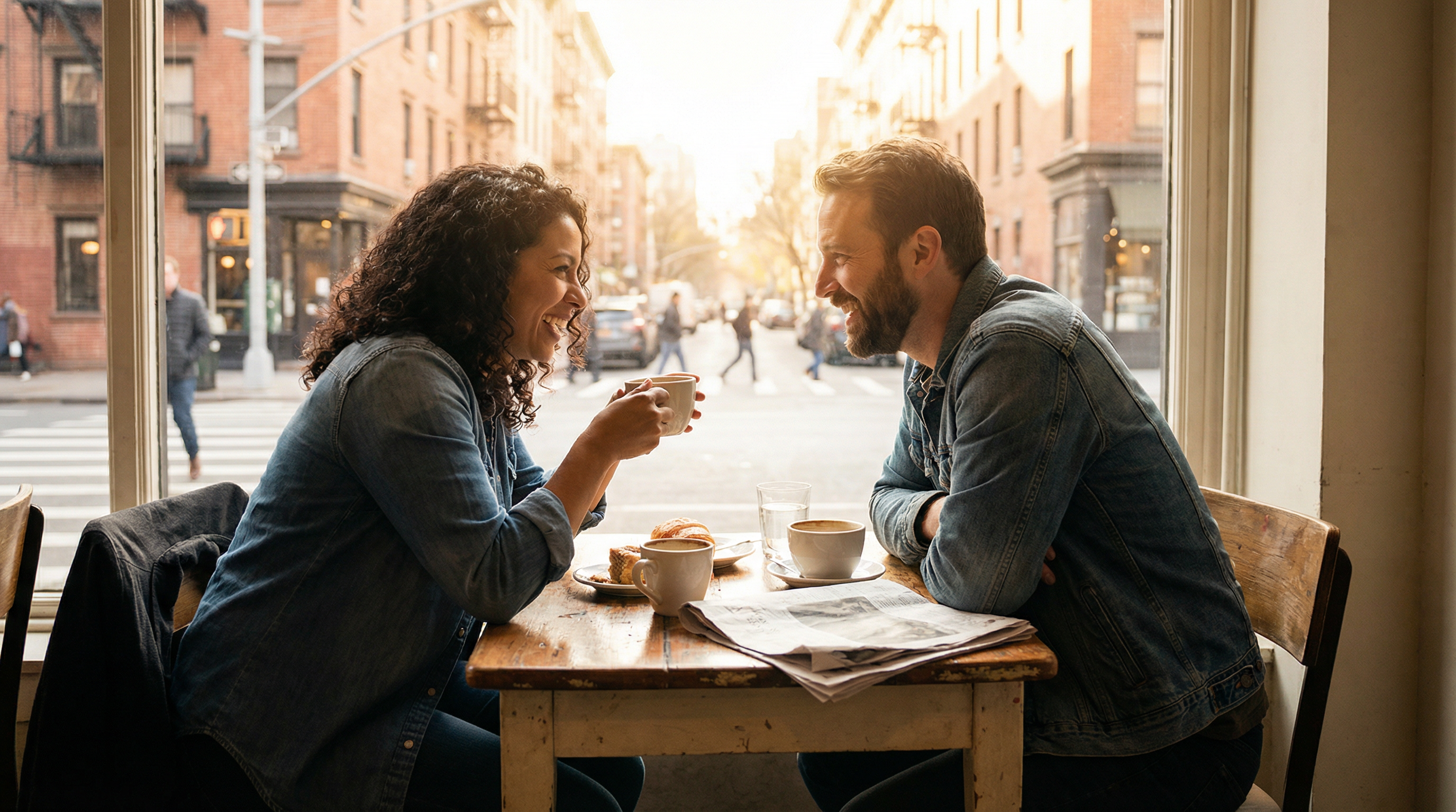 White man and Latina woman enjoying a coffee date together