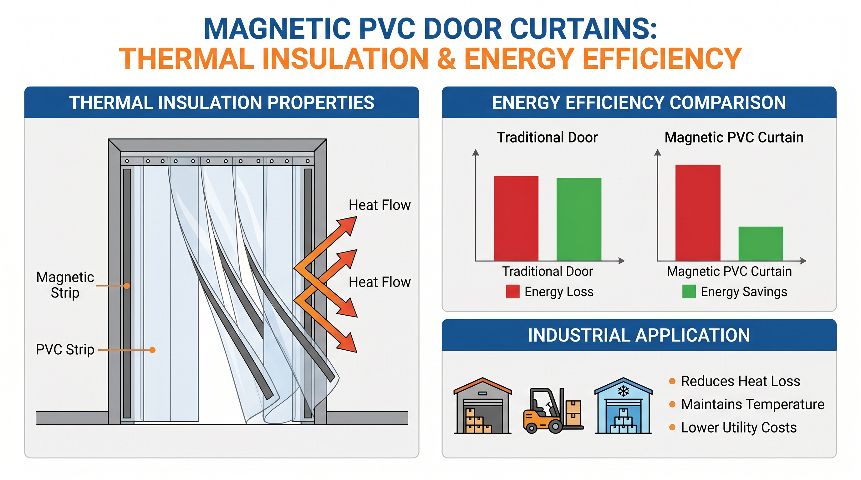 Technical diagram comparing thermal insulation properties of magnetic PVC door curtains versus traditional strip curtains