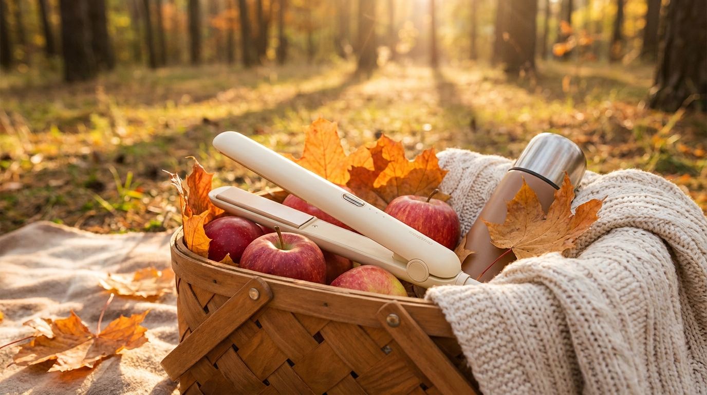 FIFN Z7 wireless straightener with apples and autumn leaves flat lay