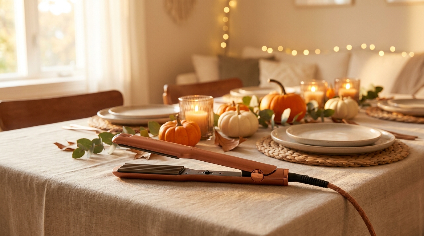 Hair crimper on Thanksgiving table setting with pumpkins
