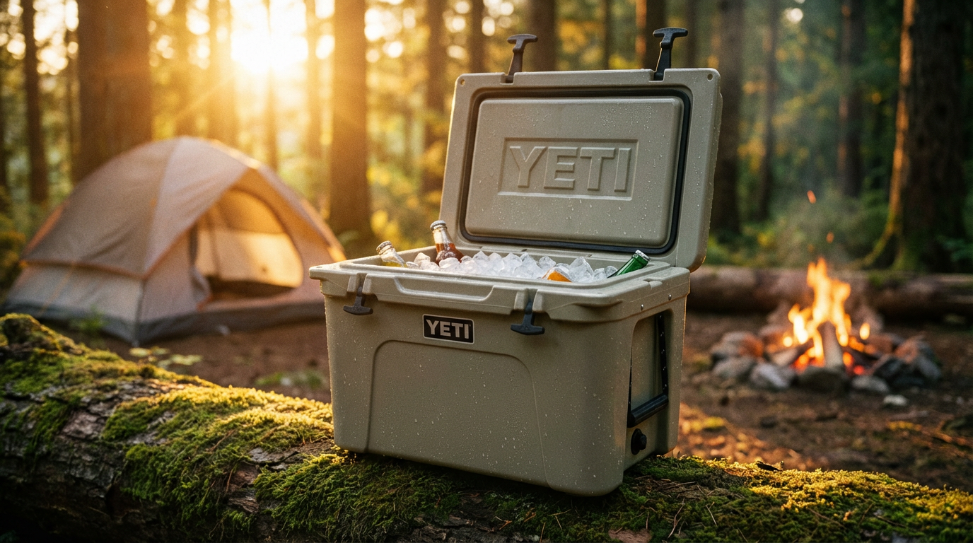 Premium rotomolded cooler in a forest camping setting — the ideal test ground for ice retention