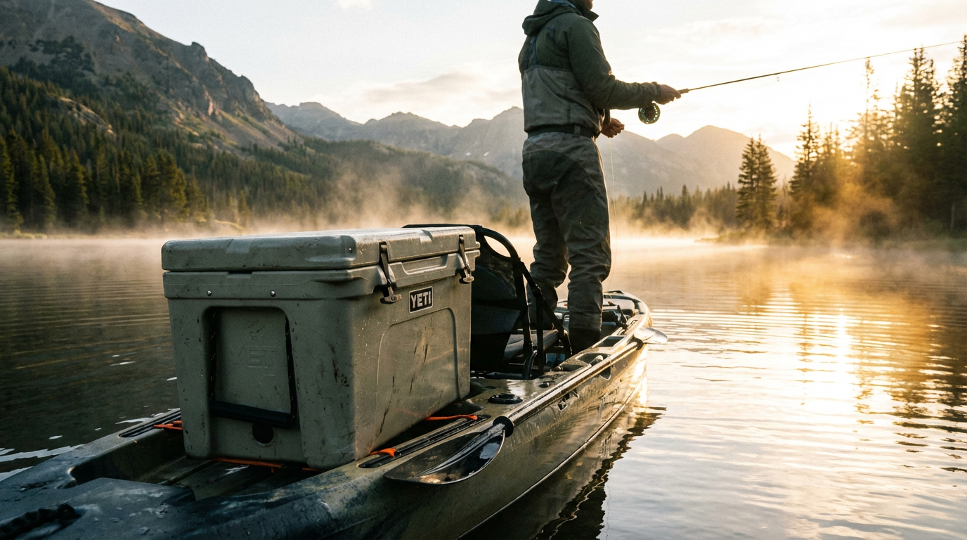 Rotomolded cooler on a fishing kayak — multi-day expedition ready