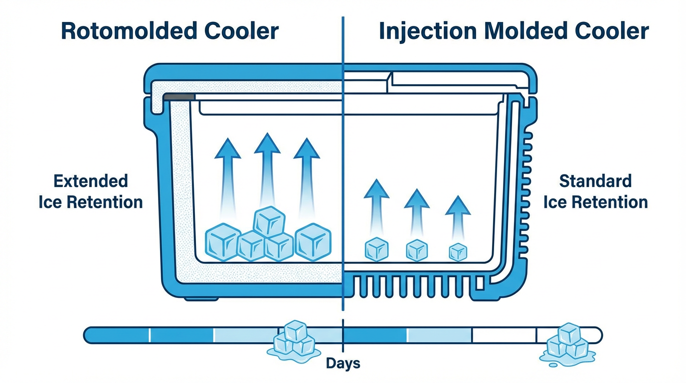 Rotomolded vs injection-molded cooler — ice retention comparison diagram
