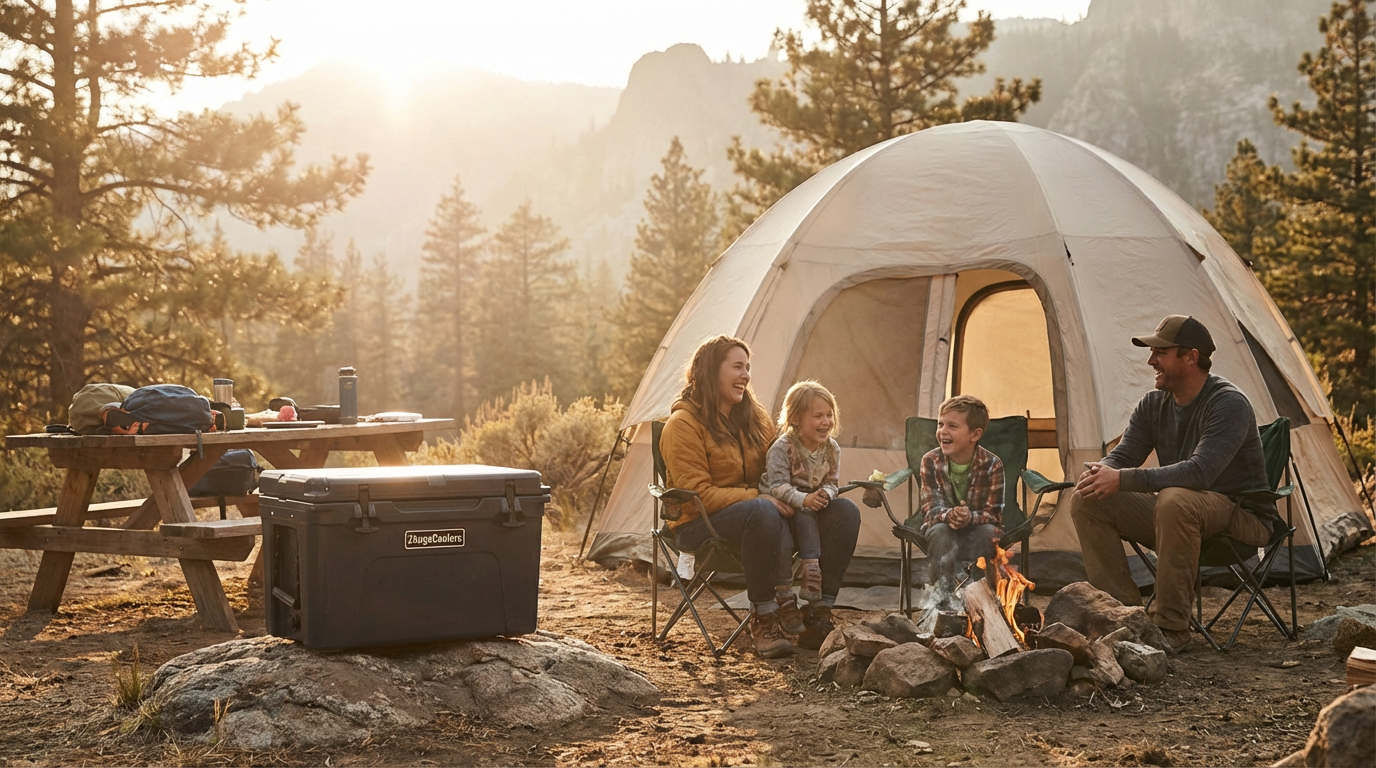 ZhugeCoolers camping cooler setup in the wilderness at golden hour