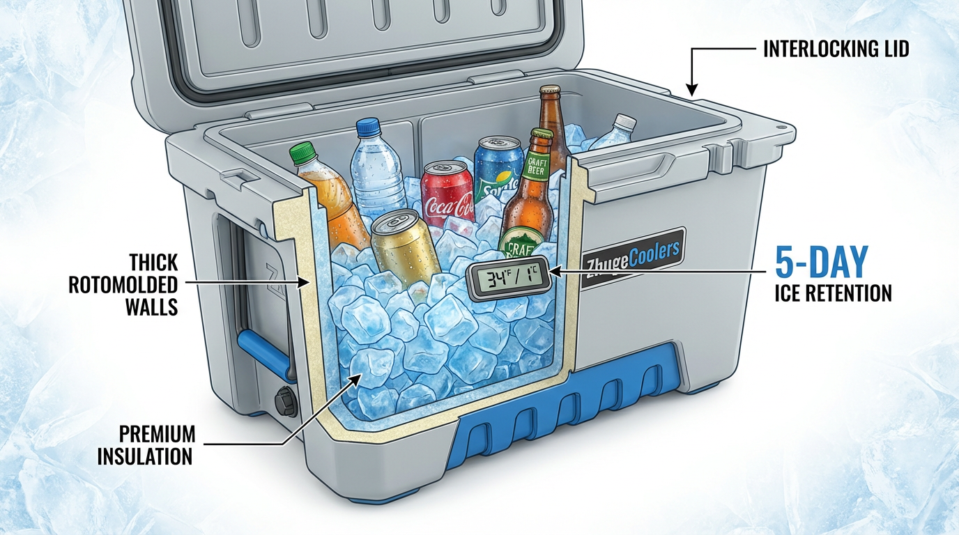 ZhugeCoolers rotomolded cooler opened showing fresh ice after 5 days