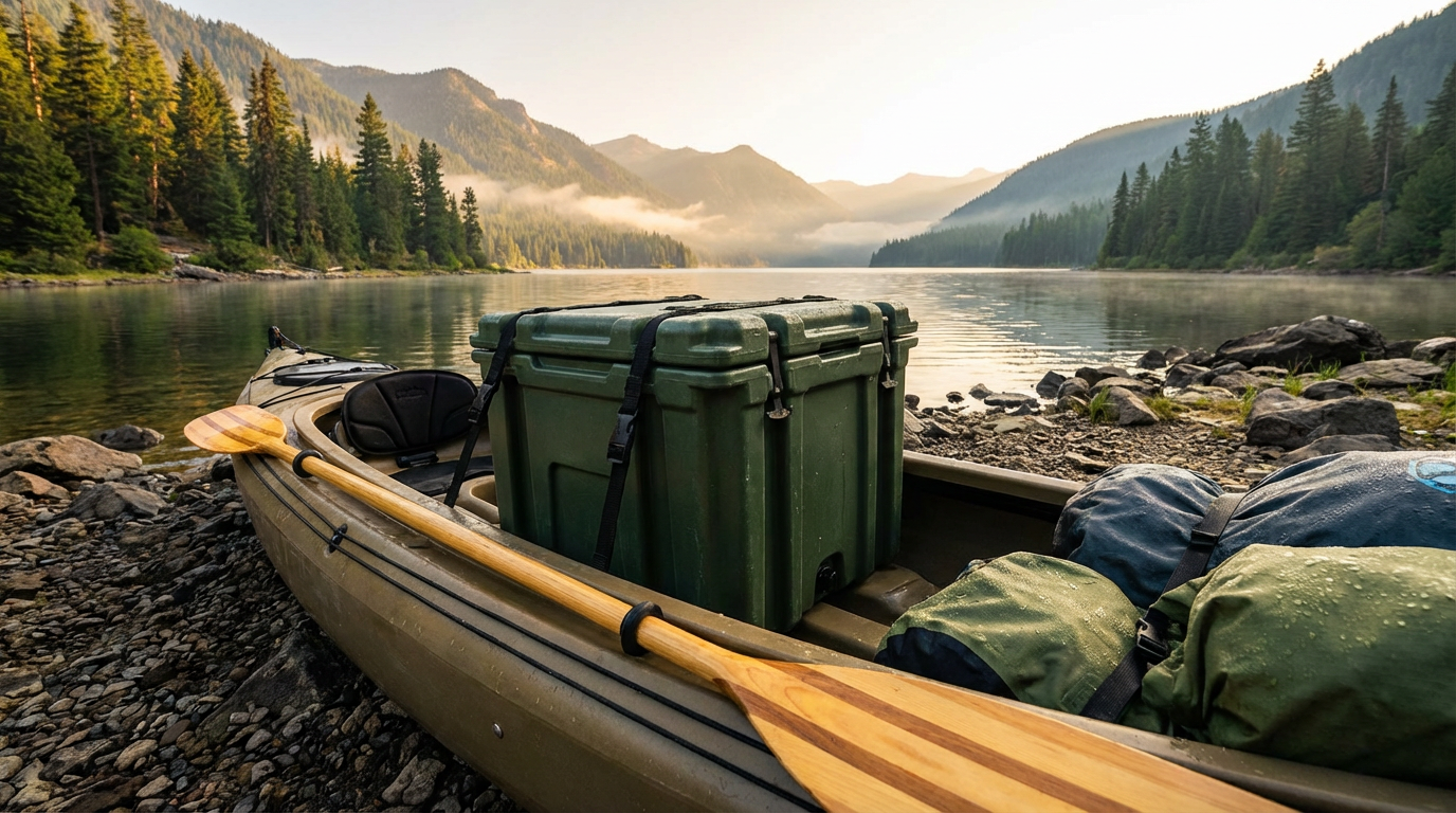 Rotomolded cooler secured on a kayak deck with straps, surrounded by scenic water