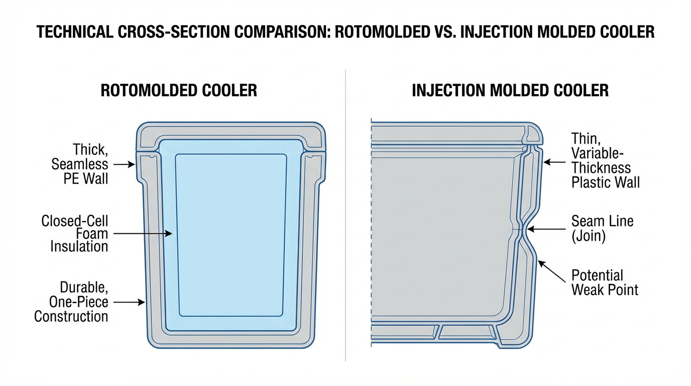 Comparison Chart: Rotomolded vs Injection Molded — cross-section view of insulation and construction difference