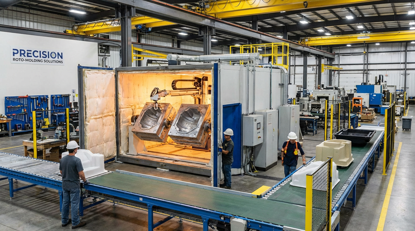 Manufacturing Process: Rotational molding machine — dual-axis rotation in a heated oven