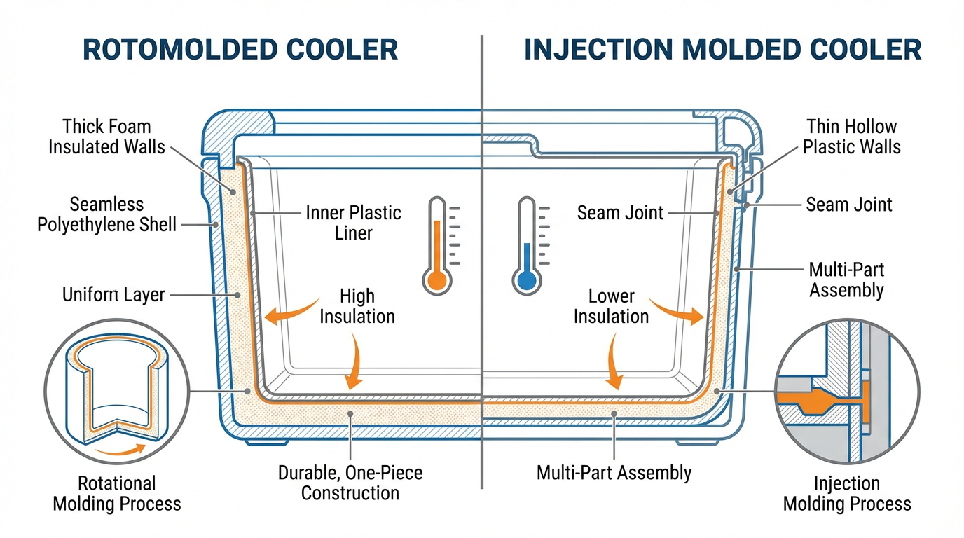 Comparison Chart: Rotomolded vs Injection Molded — cross-section view of insulation and construction difference