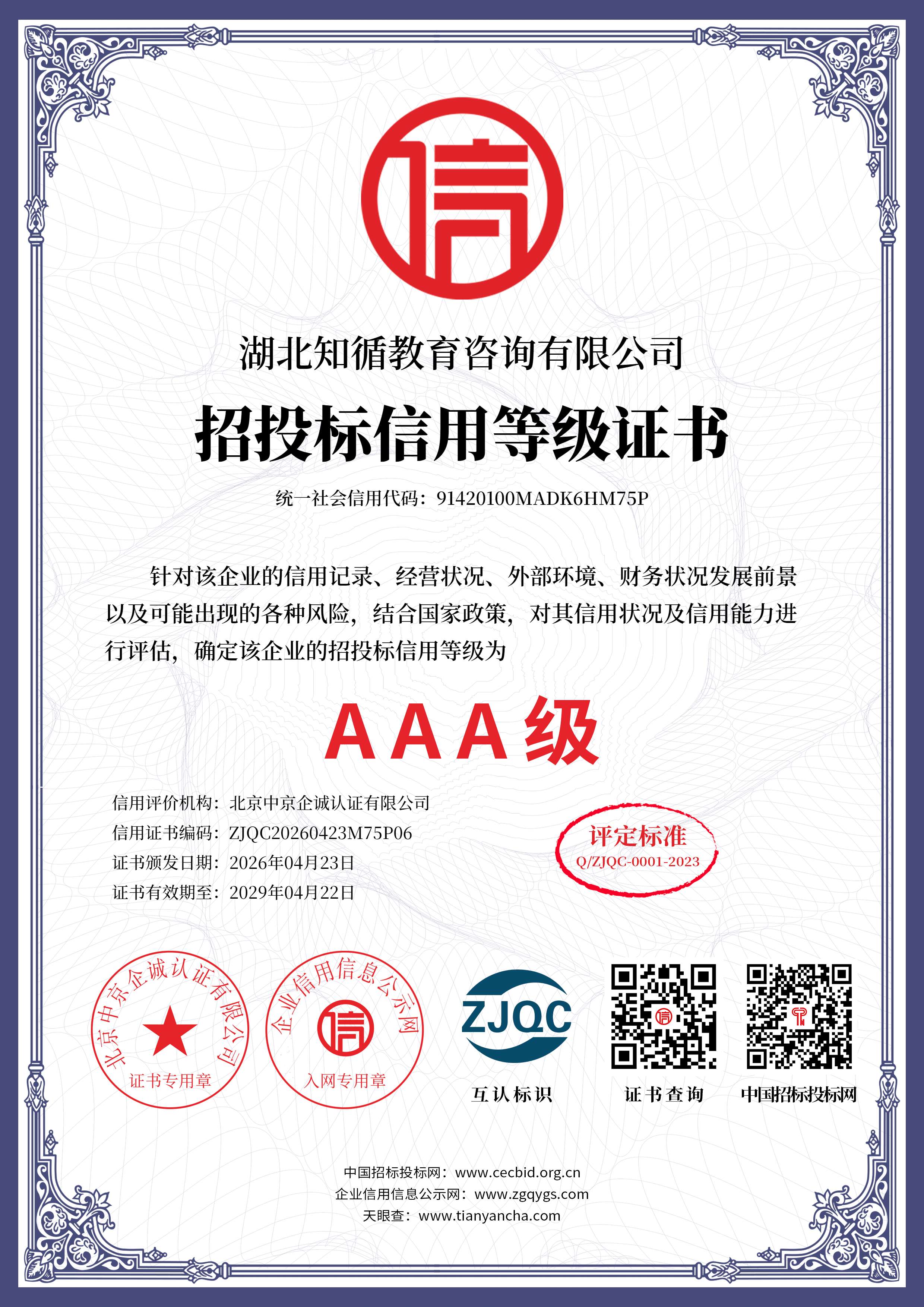 招投标信用等级AAA级