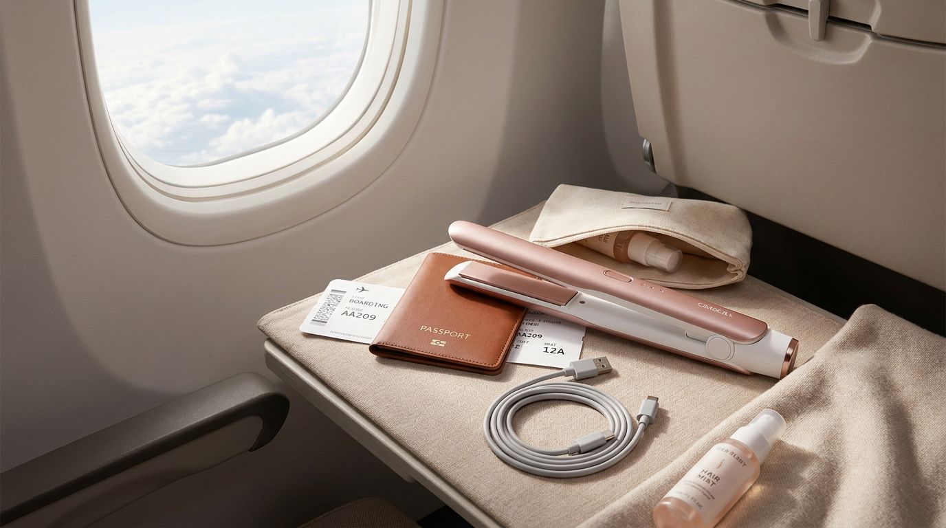 Z7 cordless straightener airplane travel flat lay