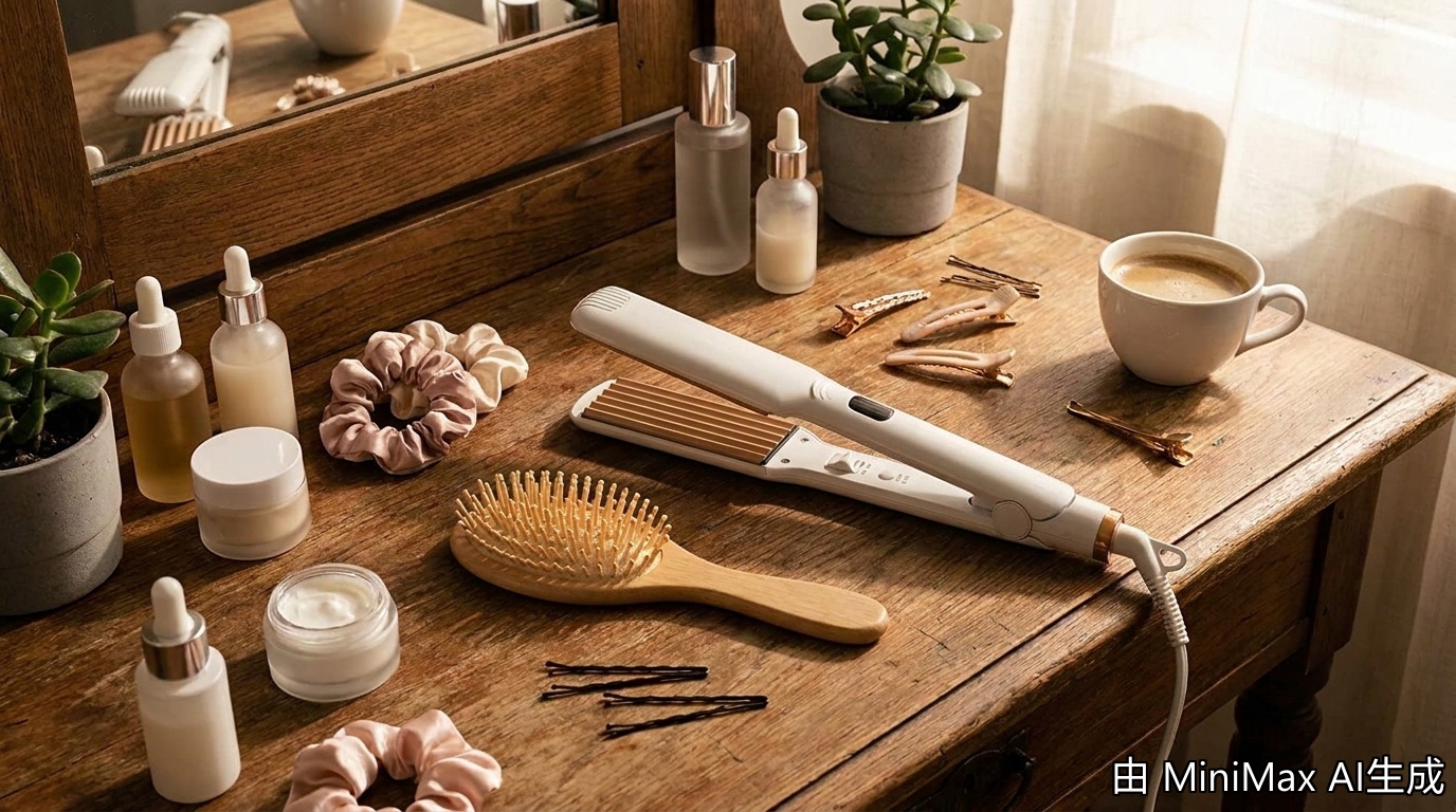 Hair crimper and styling tools on organized vanity flat lay for back to school 2026