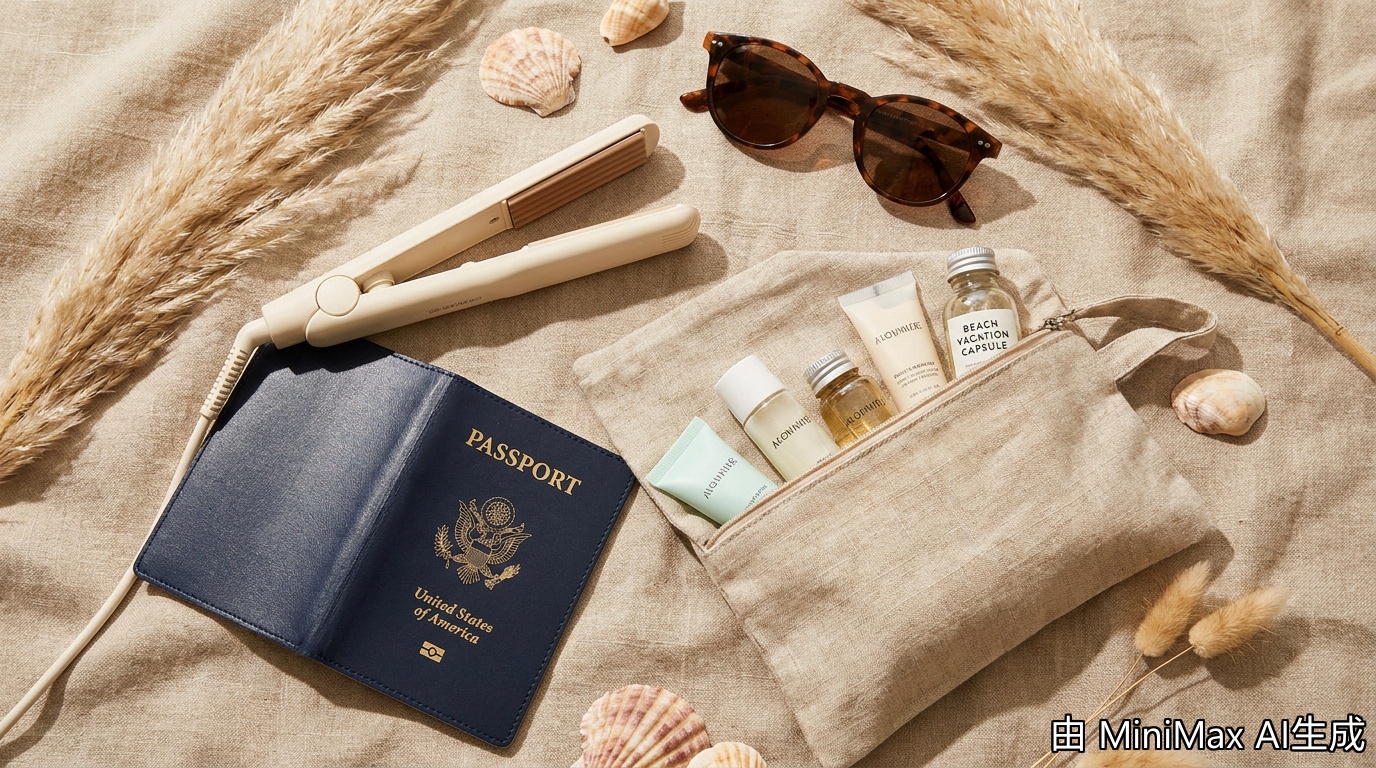 Hair crimper vacation capsule flat lay