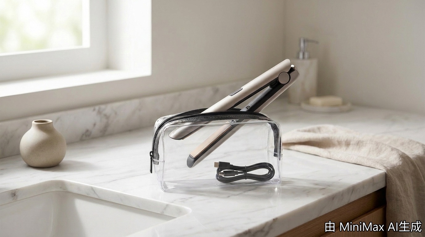 Z7 wireless straightener in clear TSA travel pouch with USB-C cable