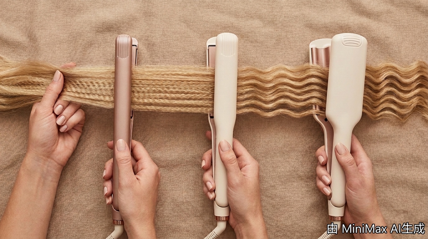 Three hair crimper tools comparison flat lay with hand styling