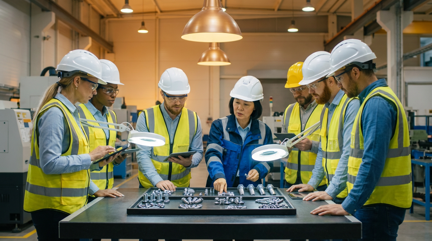 International engineering team at YHengGroup factory examining precision fasteners