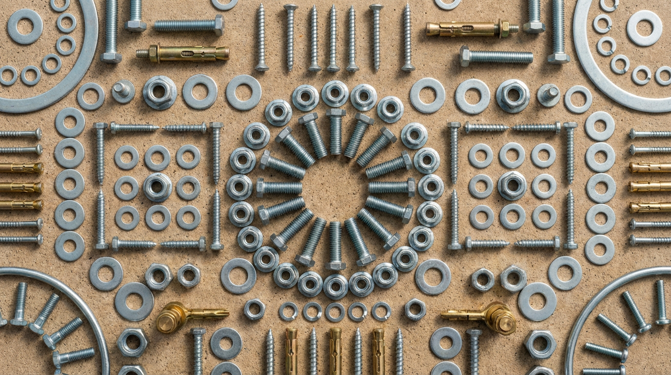 Complete fastener product range — nuts, screws, washers