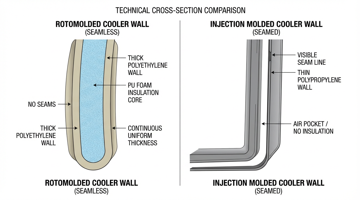 Comparison Chart: Rotomolded vs Injection Molded — cross-section view of insulation and construction difference