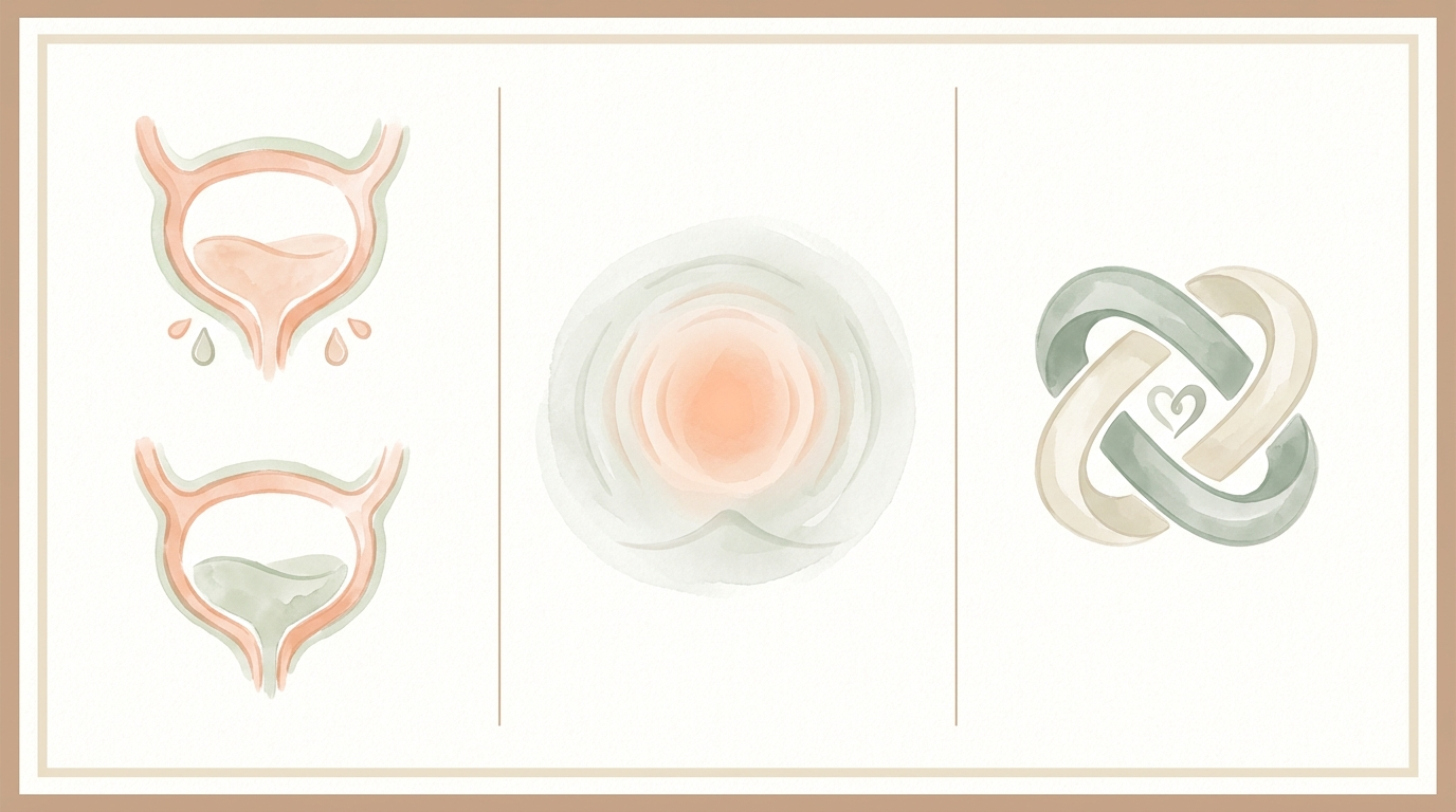 Three symptom buckets: urinary, pain, and sexual. Soft watercolor medical illustration, peach and sage palette.