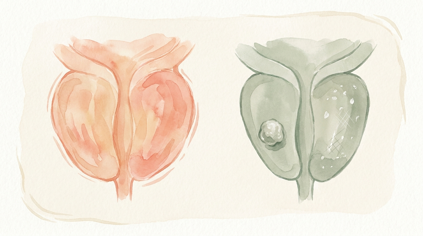 Side-by-side abstracted prostate views comparing an inflamed prostate with one showing a nodule and calcifications. Soft watercolor medical illustration, peach and sage palette.