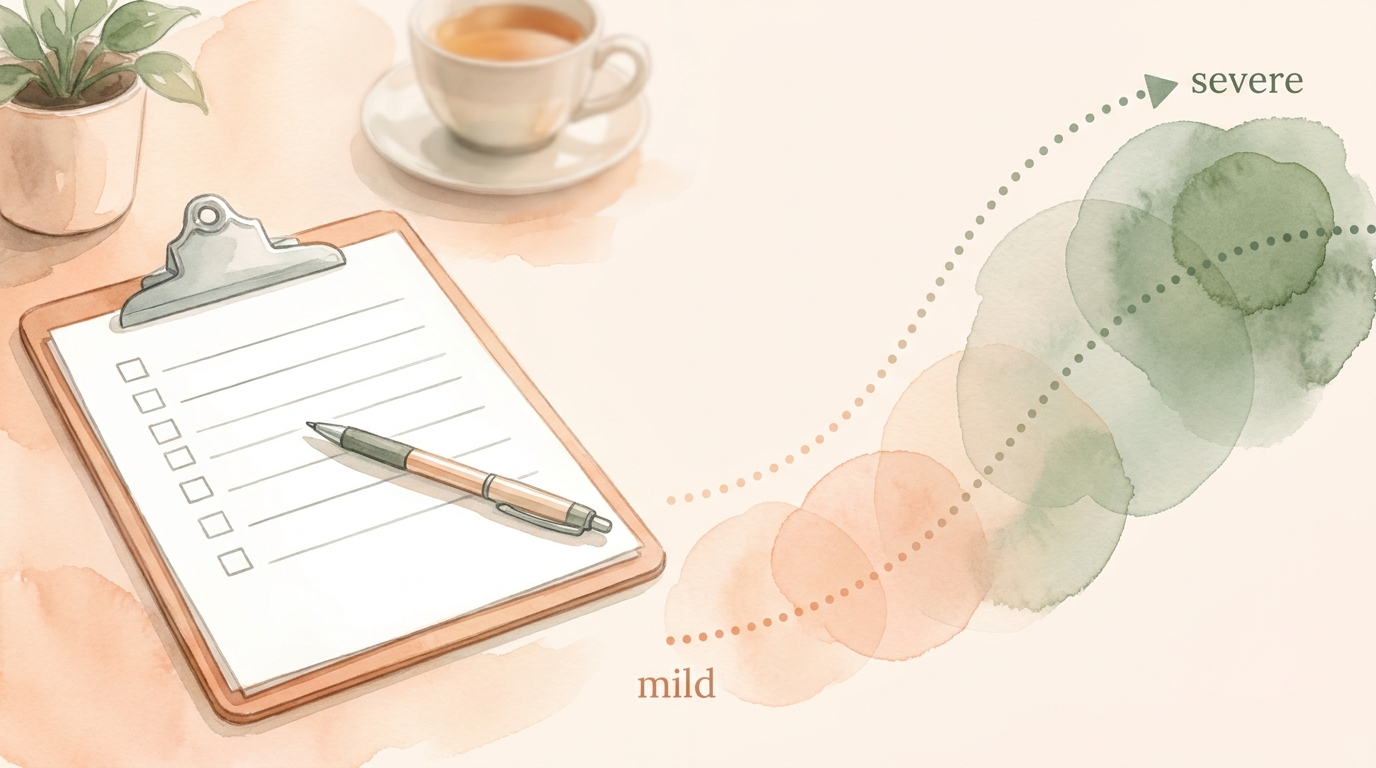 A symptom questionnaire clipboard with a pen, used for tracking severity. Soft watercolor medical illustration, peach and sage palette.