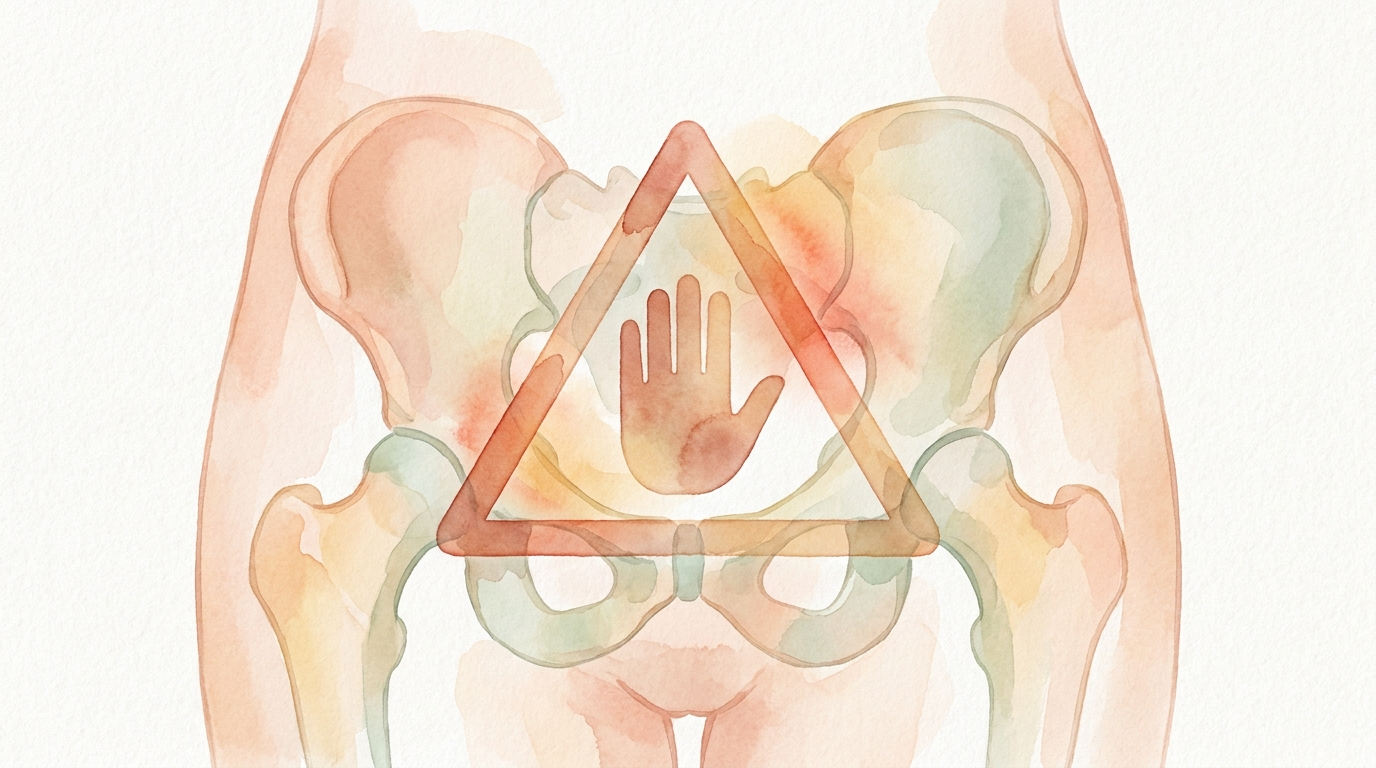 A caution symbol over a pelvic outline, representing red-flag symptoms that require prompt evaluation. Soft watercolor medical illustration, peach and sage palette.