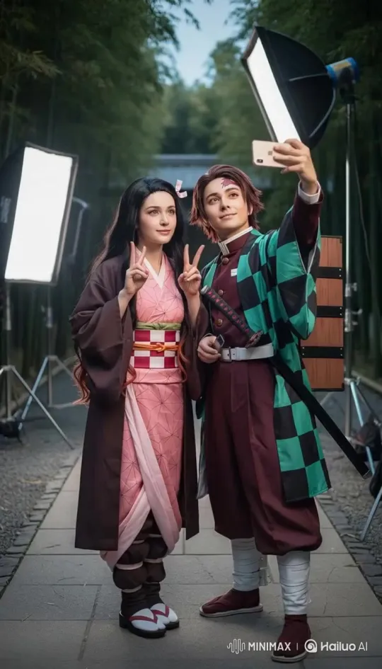 上传两个动漫角色,生成真人Cosplayer们的互动场景 by Hailuo AI Video Generator