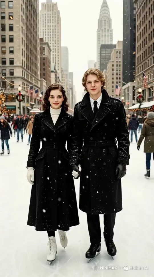 上传两张人物照片，生成雪中牵手滑冰视频 by Hailuo AI Video Generator