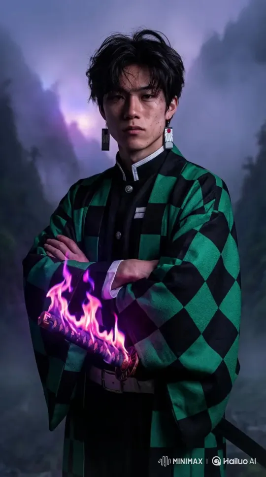 上传图片，生成酷炫火焰挥刀视频 by Hailuo AI Video Generator