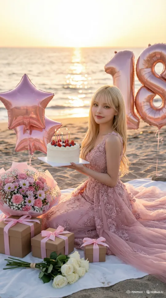上传照片，生成你的沙滩生日写真图集 by Hailuo AI Video Generator
