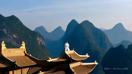 远景拍摄，全景镜头，仰视视角，电影“英雄”美术风格，一位白衣飘飘的剑仙立于城楼屋脊，剑仙挥动手臂，单手向天，无数中式直剑应声从地面腾空而起，散布于空中，无数中式直剑剑首向下直立悬停，形成布满天空的壮观剑阵，背景是古城城楼，远处有连绵不绝的山脉，城楼的鸱吻雕兽依稀可见， by Hailuo AI Video Generator