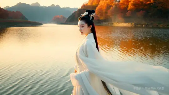 图像质量: (细腻的色彩分层:1.4), (画面质感极高:1.3)

画面风格: (张艺谋的东方美学:1.5), (飘逸动感的古典美:1.3),(浓烈的色彩对比:1.4), (自然景象与人物的完美融合:1.3)

主体: (洛神的面容荣华如秋菊:1.4), (姿态优雅如春松:1.3), (白衣飘飘，仙气凌人:1.3)

场景: (远景中的秋日山峦与晨曦:1.3), (近景中水波荡漾的湖面:1.2)

镜头: (远景镜头捕捉洛神身影在晨曦中渐行渐远:1.3), 

灯光: (晨曦的金色阳光:1.4), (轻柔的自然光洒在湖面与洛神身上:1.3)

构图: (对称式构图:1.3), (洛神与自然景物之间的和谐:1.2)

特效: (光线在水波中的倒影:1.3), (若隐若现的湖面薄雾:1.2) by Hailuo AI Video Generator
