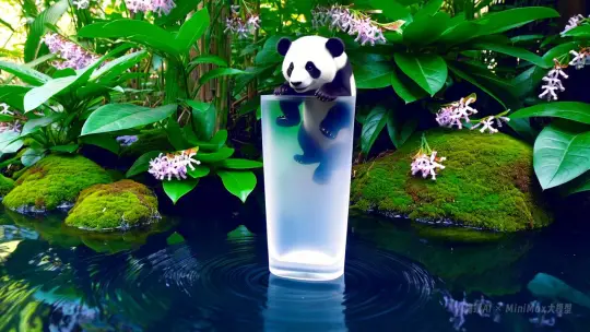 香水瓶里有个小熊猫，小熊猫在里面爬呀爬

瘦长的透明鸡尾酒玻璃香水瓶，香水瓶子放置在一片茂密的森林中，周围环绕着各种植物，如苔藓、茉莉花，整个画面以绿色调为，倒影，水波纹，增加了画面的纵深感和质感，瓶子被聚焦在画面中央，周围的环境包括植物和水都被虚化处理，自然光源，明亮通透，商业拍摄，产品摄影，极简主义，磨砂质感，32K，镜头跟随 by Hailuo AI Video Generator