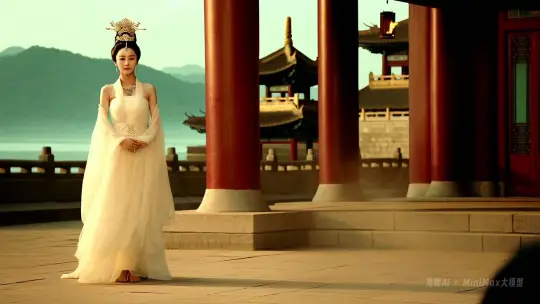 图像质量: (超高清纹理细节:1.4), (精准的光影表现:1.3)

画面风格: (庄重与优雅并存:1.4), (浓厚的东方古典美学:1.3)，(张艺谋的东方美学:1.5), (飘逸动感的古典美:1.3)

主体: (洛神身穿白纱罗衣:1.4), （白衣飘飘仙气凌人：1.3）

场景: (充满古典氛围的汉代宫殿庭院:1.3), (远处隐约的青山与碧水:1.2)

镜头: (远景镜头展示洛神的柔美身段:1.3), (慢镜头捕捉衣袖飘动的瞬间:1.2)

灯光: (宫殿庭院中的自然光:1.4), (微微的金色阳光洒在她的身上:1.3)

构图: (纵深构图:1.3), (前景的洛神与背景的宫殿形成对比:1.2)

特效: (首饰在阳光下闪烁光芒:1.3), (衣袖飘动带起的风尘微动效果:1.2) by Hailuo AI Video Generator