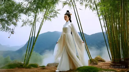 图像质量: (细腻的动态画面表现:1.4), (流畅的镜头运动:1.3)

画面风格: (自然流畅的古典美:1.4), (简约而富有韵味的美学:1.3)，(张艺谋的东方美学:1.5), (飘逸动感的古典美:1.3)

主体: (洛神轻步缓行于山隅:1.4), (白色罗衣与雾绡轻盈飘动:1.3), （白衣飘飘仙气凌人：1.3）

场景: (青翠的山林与悠远的天际:1.3), (竹林间的淡淡幽兰香气:1.2)

镜头: (平稳的横移镜头捕捉她的步伐:1.3), (低角度镜头从下往上展现她的飘逸长裙:1.2)

灯光: (温和的自然光透过竹林洒下:1.4), (轻柔的光影效果增强画面宁静感:1.3)

构图: (斜线构图:1.3), (洛神步行在山隅中，背景远山延展:1.2)

特效: (衣裙与微风共舞的效果:1.3), (山隅间的薄雾轻轻飘动:1.2) by Hailuo AI Video Generator