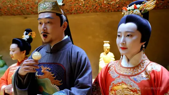 在秦始皇陵,秦过国王穿着龙袍嘴里有夜明珠,旁边躺着两位美丽的女人,一个是皇后带着皇后的花簪和各种头饰身穿凤袍,一个是皇妃穿着艳丽妩媚穿着凤尾袍,天花板是用各种颜色的宝石做的,有长明灯,地面是用水银做的河流,河流上有一层玻璃。玻璃上有翡翠绿的与坐姿,有古玩字画,金钗,白色珍珠,珠宝宝气,有琉璃,玛瑙,银子做的马到成功的工艺品,有青花瓷花瓶,各种宝贝,金银珠宝,旁边有很多兵马俑站岗。 by Hailuo AI Video Generator