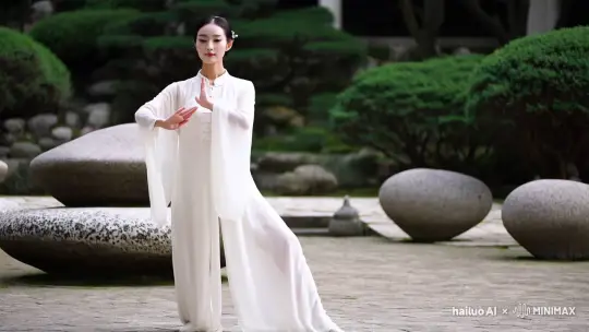 东方审美，一个中国高挑身材皮肤白皙的漂亮美女刘亦菲，穿着仙气飘飘的白色薄纱连衣裙，在打太极拳 by Hailuo AI Video Generator