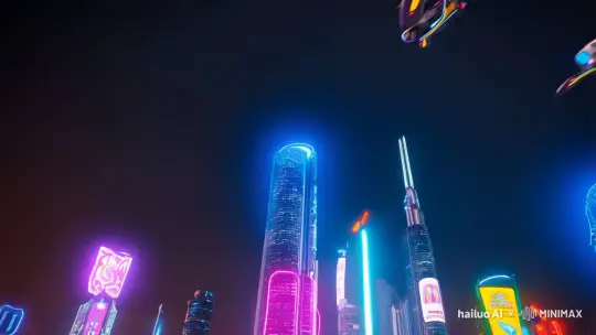 在一个未来都市的街道上，飞行汽车在空中穿梭，高楼大厦上布满了发光的数字广告牌。行人中混杂着各种外星生物和穿着高科技服装的人类。 by Hailuo AI Video Generator