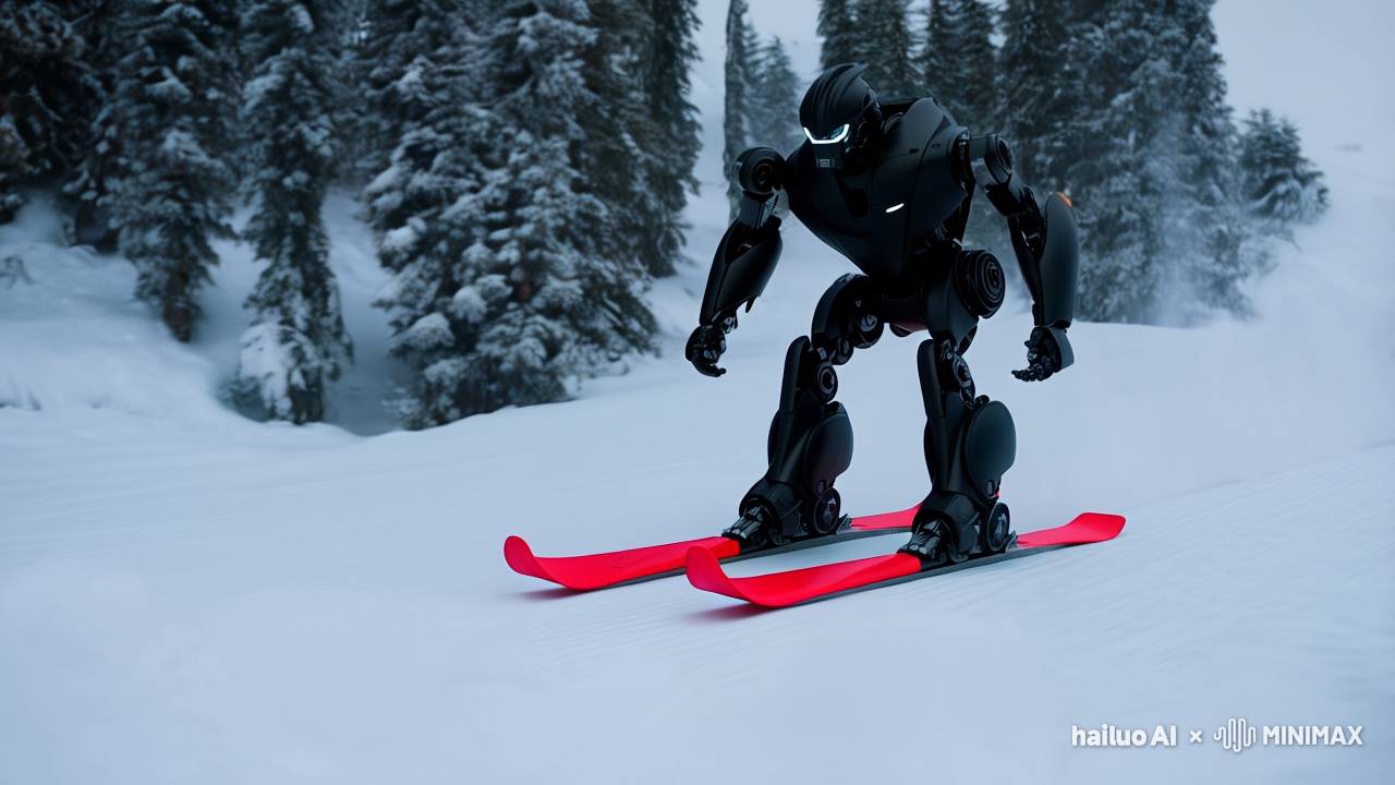 Black Robot Skis Gracefully on Snow - AI Generated Video Black Robot Skis Gracefully on Snow - AI Generated Video
