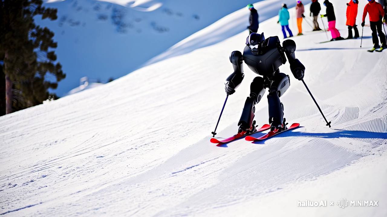 Black Robot Skis Gracefully Amidst Snowy Peaks - AI Black Robot Skis Gracefully Amidst Snowy Peaks - AI