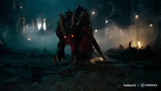 Show a terrifying mutated creature in a post-apocalyptic world. The creature is a grotesque hybrid with glowing eyes, jagged claws, and distorted limbs. Its skin is a mix of scales and slime, oozing toxic fluids. The environment is dark, filled with decaying buildings, fog, and eerie lights. The creature stalks through an abandoned city, growling menacingly. Include slow-motion shots to highlight its grotesque features as it moves through the ruins. by Hailuo AI Video Generator