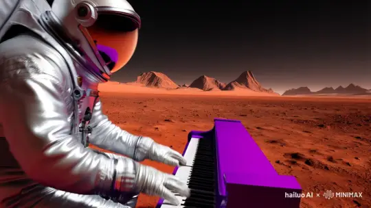 宇航员在火星上弹钢琴，宇航服是银色的，钢琴是紫色的 by Hailuo AI Video Generator
