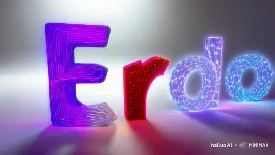 在一片由光与影构建的动态画布上，"Erdo" 四个字母仿佛被赋予了生命的活力，它们不再是静止的文字，而是化作了流动的彩绸，于虚空中舞动，绽放出令人目眩神迷的光彩。"E" 字以霓虹紫启动这场视觉盛宴，它的线条仿佛液态金属，流动中变换着色泽，从深邃的紫外渐变为迷人的粉紫，每一次弯曲都释放出细腻的光纹；"r" 紧跟其后，以电光蓝展现其存在，如同闪电般锐利，却又在末端柔和地扩散成海浪般的蓝绿渐变，充满了科技与自然的和谐之美；"d" 则以火焰橙为主调，热情奔放，中心的光芒犹如太阳般炽烈，向四周辐射出温暖的橙红与金黄，仿佛拥有了自己的温度；最后，"o" 以宝石红完美收尾，它不是简单的圆环，而是由无数细小的光点组成，这些光点不断旋转、聚合又分散，形成一个动态的漩涡，中心深邃的红渐渐过渡到外围的浅粉，如同宇宙中最神秘的星云。
这四个字母在空中交织、分离、再交织，它们的色彩不仅绚丽夺目，更在动态中相互渗透、融合，创造出一种超越现实的视觉震撼，仿佛是未来与幻想的交响曲，让观者的心灵也随之跃动，沉浸在这一场绚彩流光的梦幻旅程中。 by Hailuo AI Video Generator