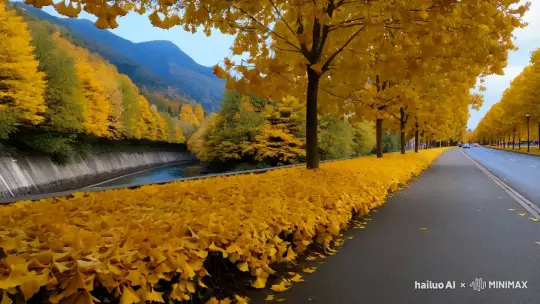 autumn ginkgo boulevard, embankment, golden, the ground is yellow ginkgo, a mountain in the distance, ginkgo biloba on the ground, clear, ginkgo biloba real photo, super high resolution 
 by Hailuo AI Video Generator
