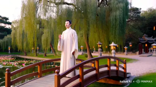 一位唐朝的英俊帅气少年，在桥上，朗诵诗歌 by Hailuo AI Video Generator
