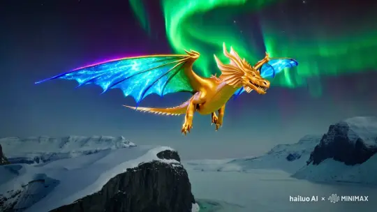 极光下，一只蓝色羽翼的金龙在飞行 by Hailuo AI Video Generator