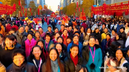 十一国庆假期，街上人来人往，熙熙攘攘，大家脸上洋溢着喜悦的笑容，街上还有国庆庆祝活动非常热闹 by Hailuo AI Video Generator